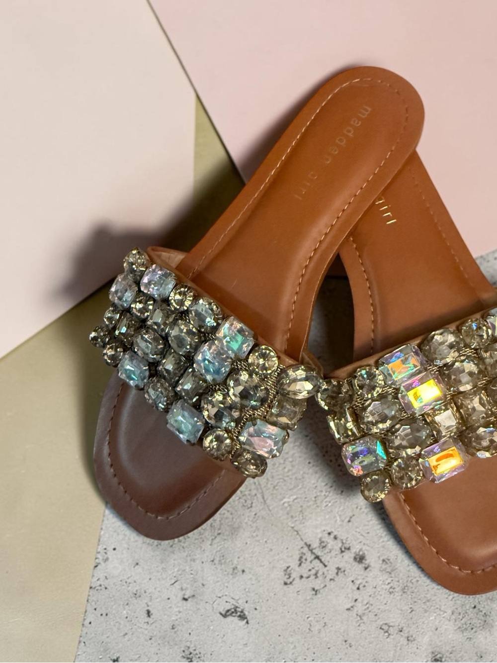 Steve Madden Crystal-Embellished Tan Slide Sandals